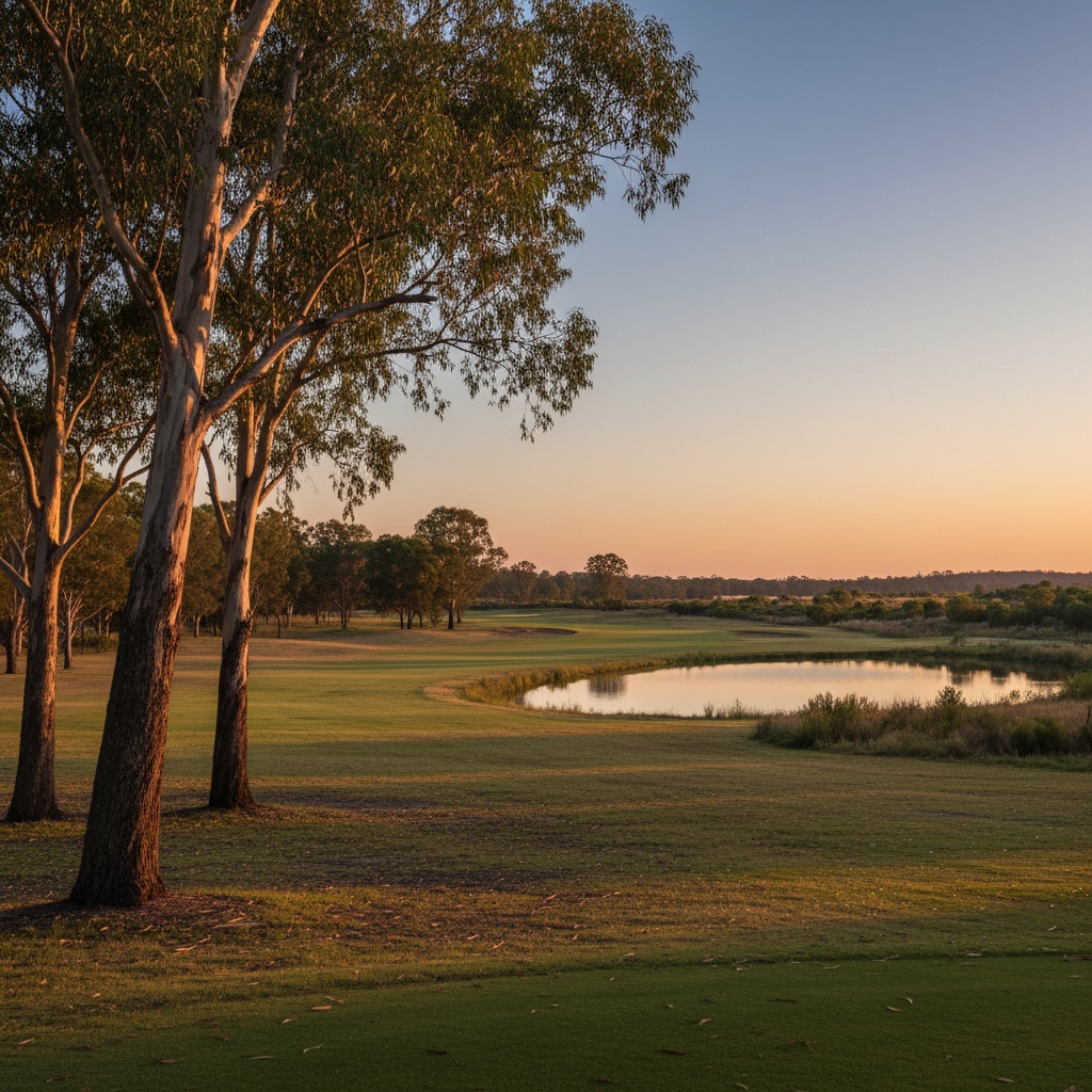 A golf course fairway at golden hour